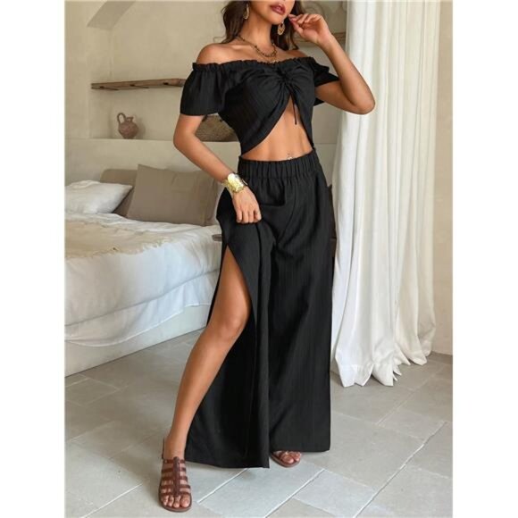 Women's 2pcs/Set Vacation Beach Sexy Drawstring Tie Knot Off Shoulder Top Skirt